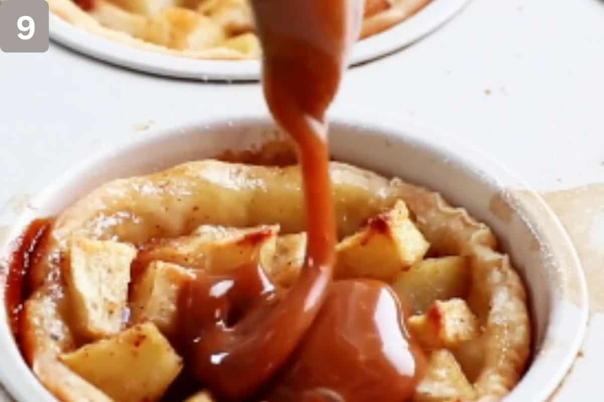 Caramel filling placed on the top of each pie