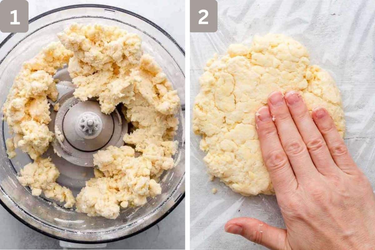 flour, salt, sugar, and butter pulsed and pressed flat on the right