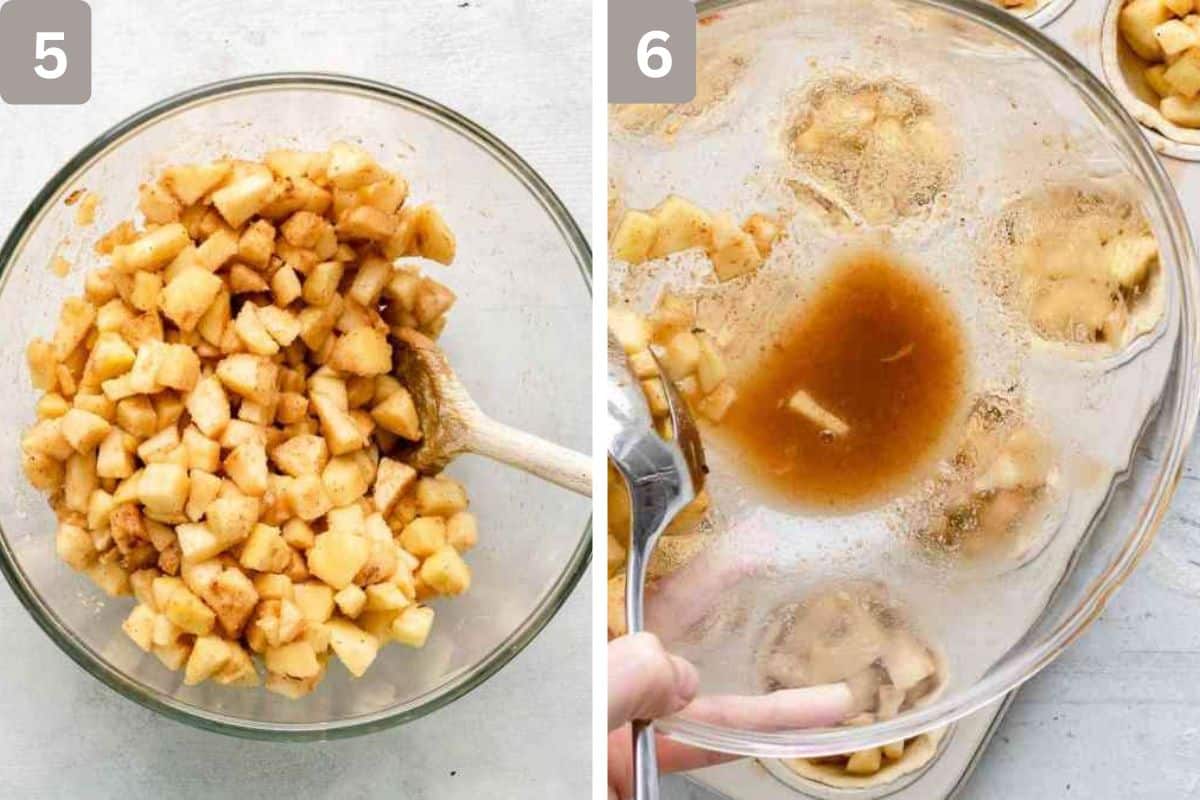 cut apples, brown sugar, cinnamon, and flour combined and then apple filling added to the crusts on the right with a slotted spoon