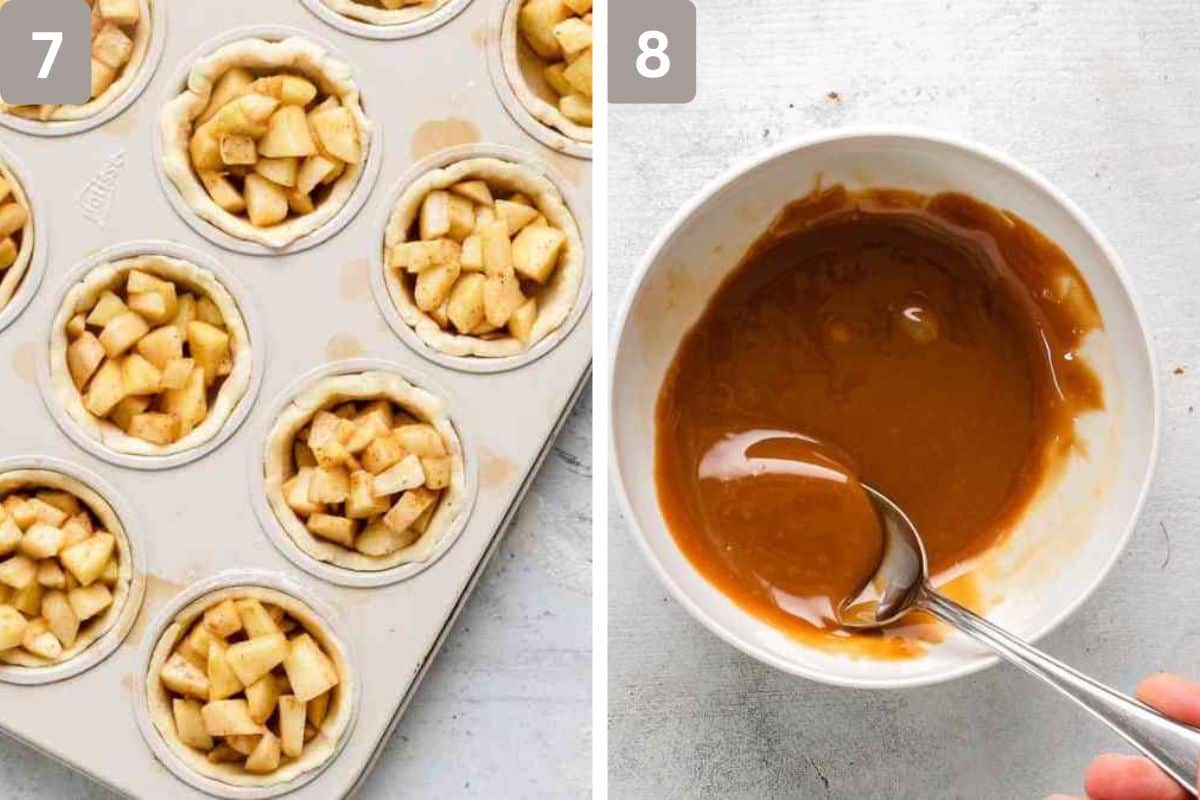 caramel pies set aside and caramel filling for the top of each pie the right