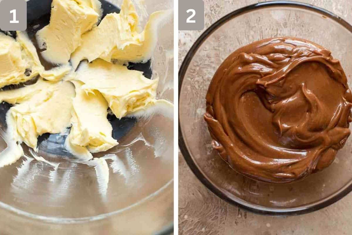 Butter and melted chocolate and rum being beaten and mixed in a glass dish.