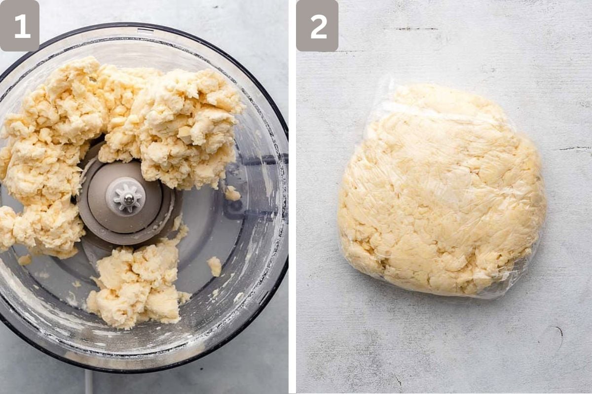 flour, salt, sugar, and butter pulsed and water added, mixed, placed in fridge