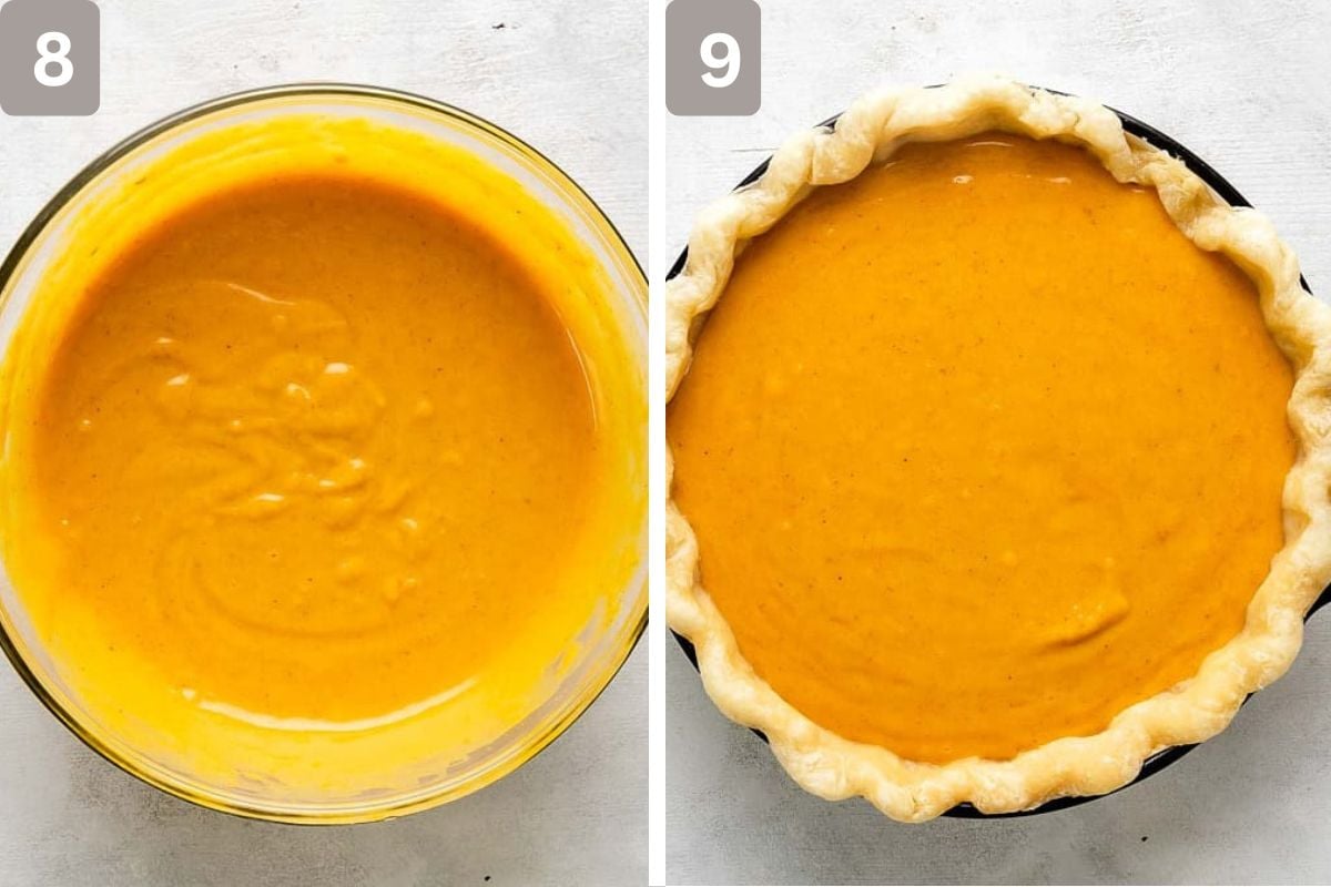 pumpkin puree, sweetened condensed milk, eggs, salt, cinnamon, ginger, nutmeg, allspice, and cloves mixed and added to pie crust