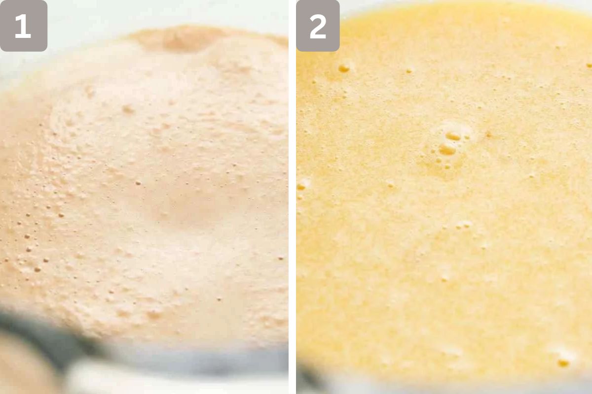 milk sugar and yeast mixed and eggs, butter and salt added and mixed in 