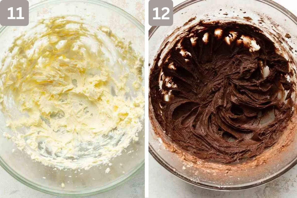 butter and cream cheese beaten and cocoa powder added and mixed