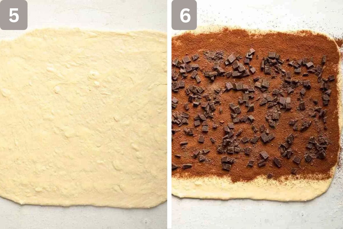 dough rolled flat in a rectangle shape and sugar and cocoa mixture sprinkled on top