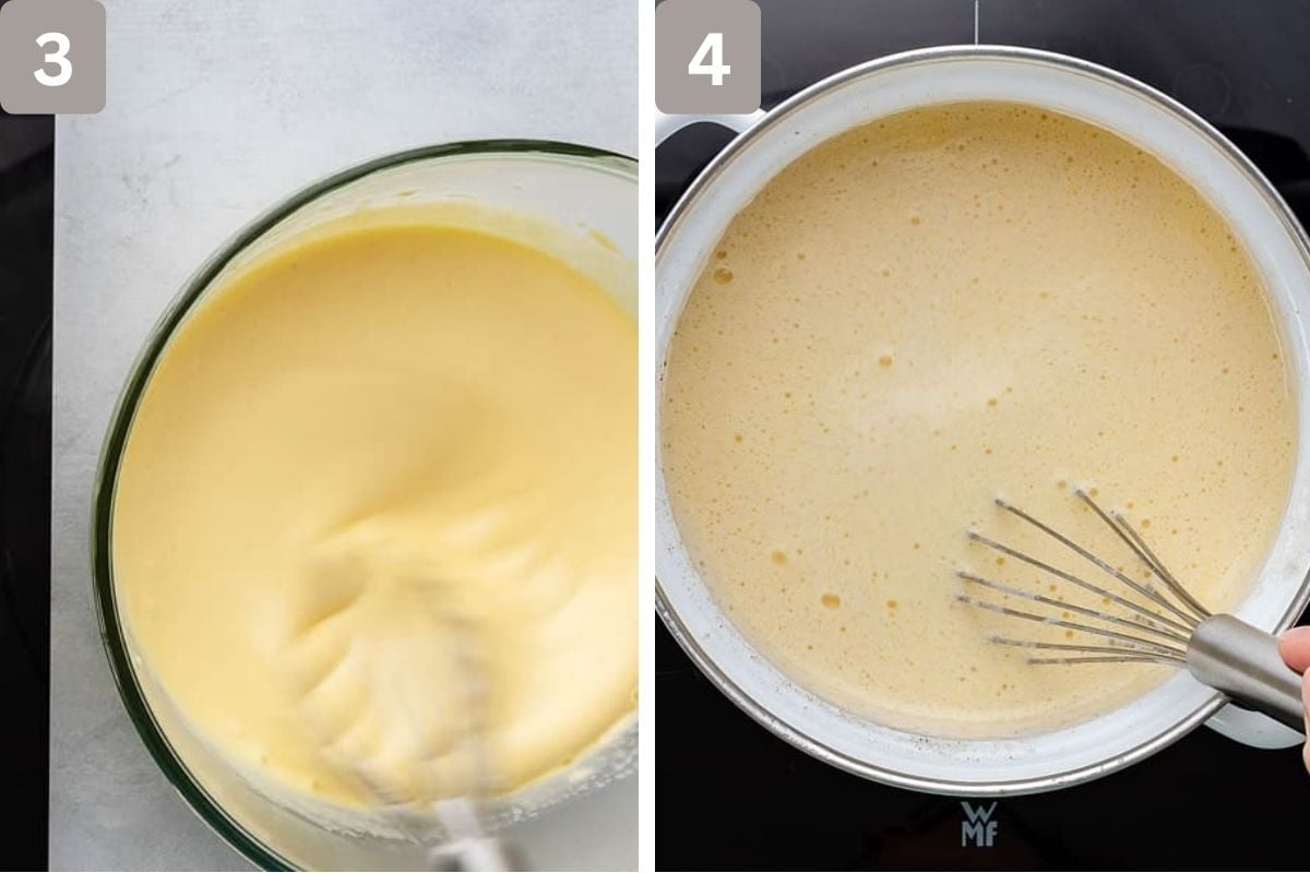 Hot milk added to yolk mixture and yolks added and cooked
