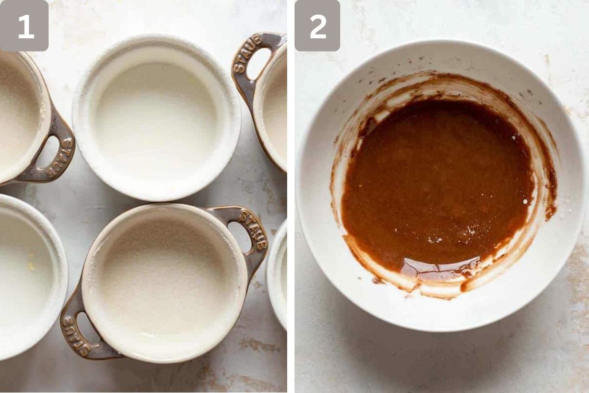 Ramekins greased lightly and chopped chocolate bars melted in a bowl