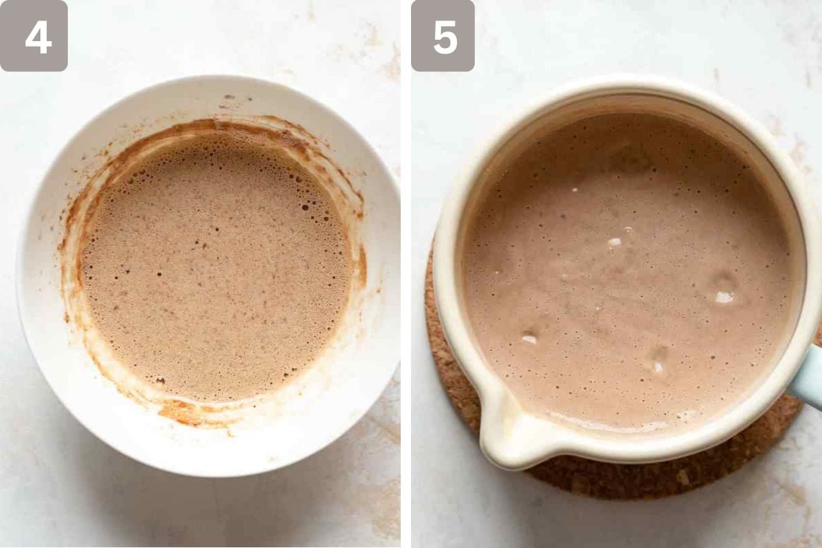egg yolks, cornstarch, and cocoa mixed and cooked and warmed egg and milk added and mixed