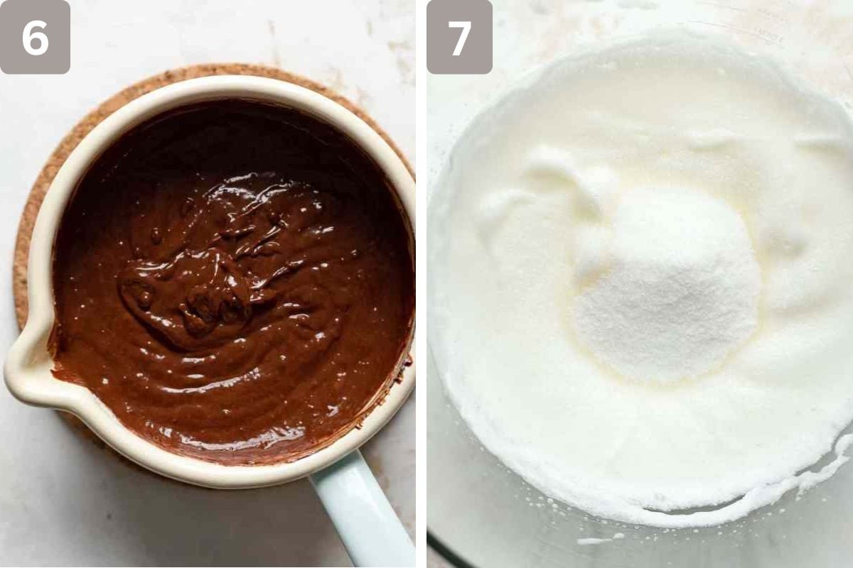 Melted chocolate added and egg whites and salt mixed seperately