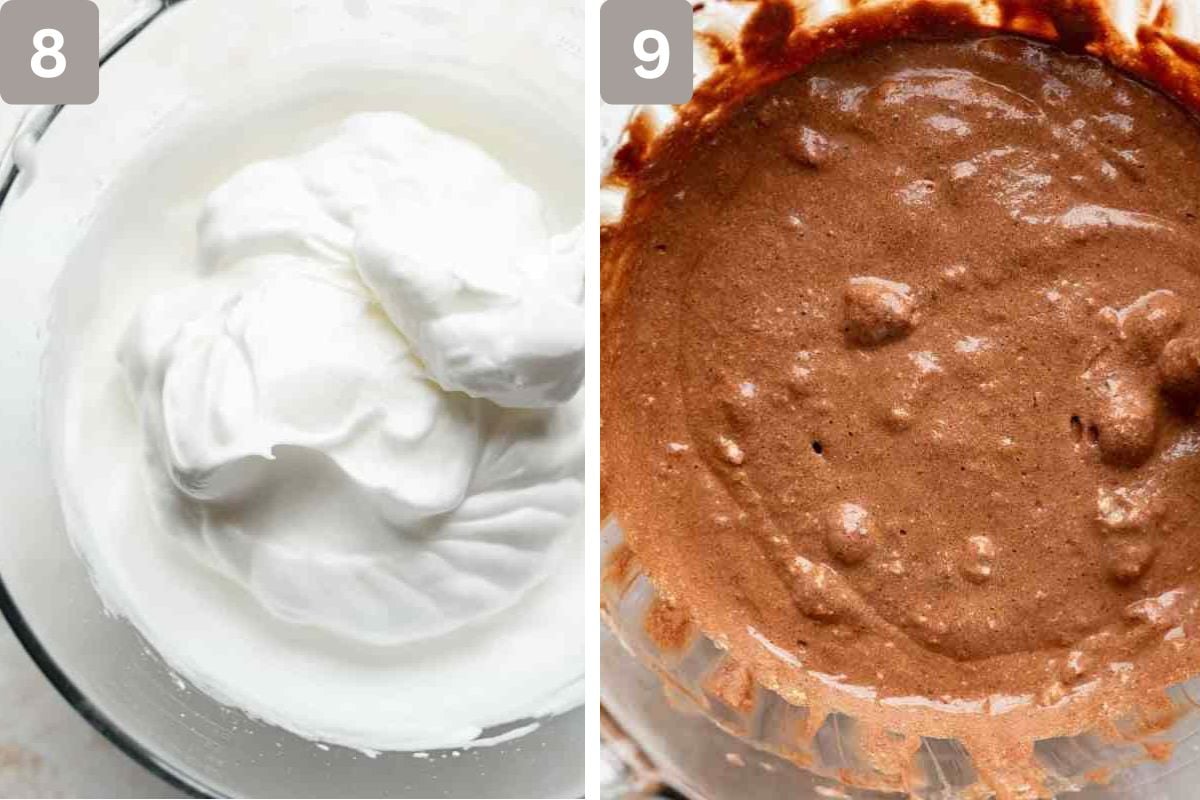 Egg whites and salt mixed until stiff peaks form and ¼ cup of egg white mixture added to the chocolate mixture