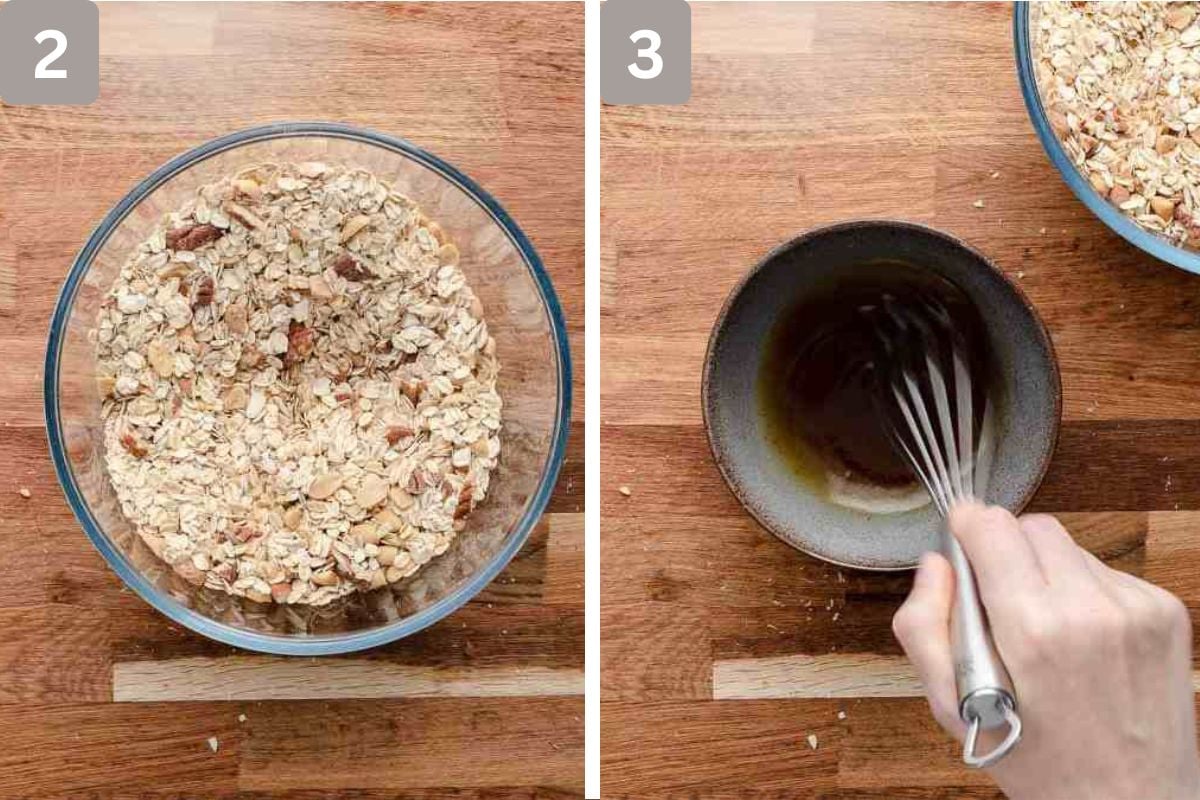 Nuts and oats mixed in a bowl and maple syrup, oil, and vanilla whisked in a seperate bowl 