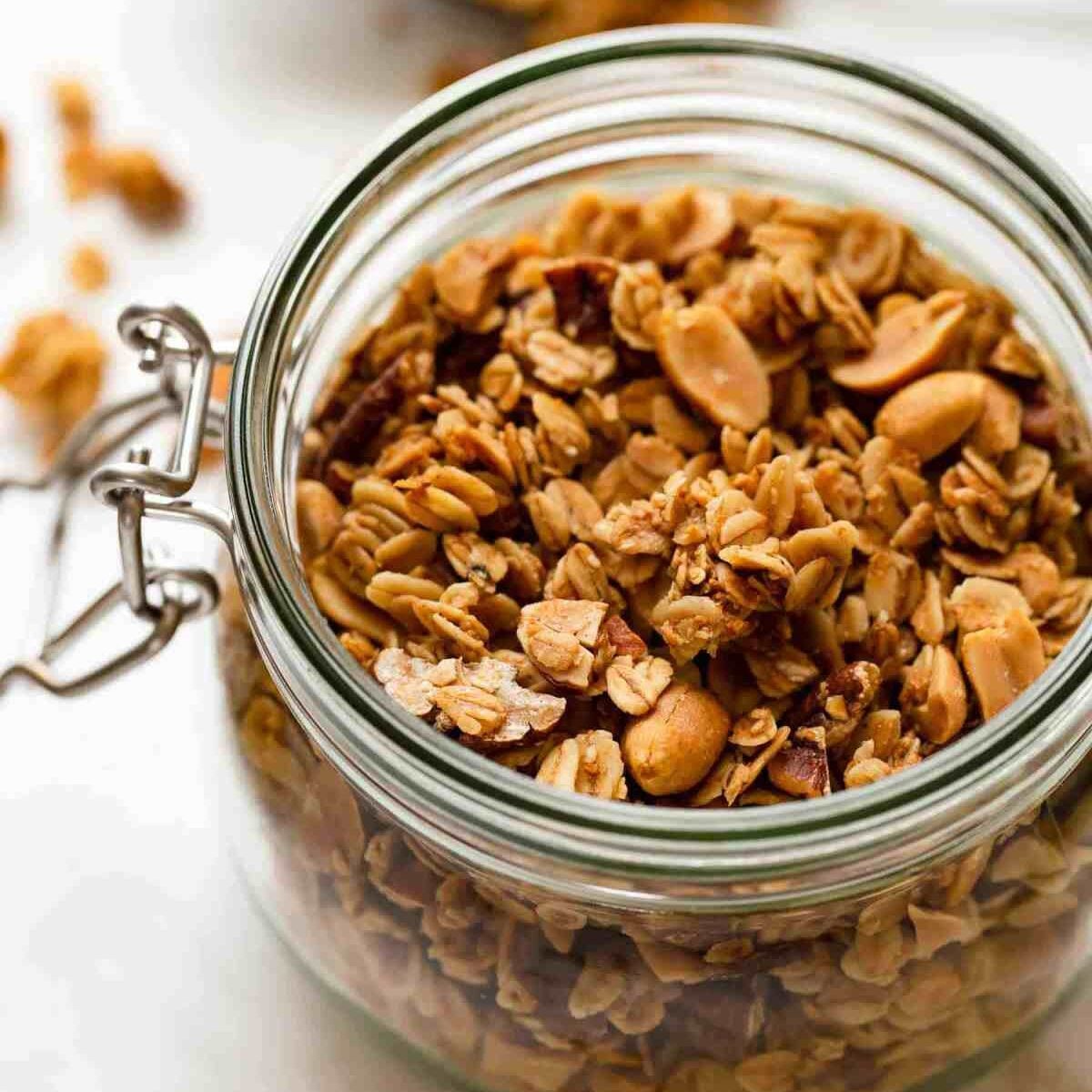 Granola in glass jar without lid