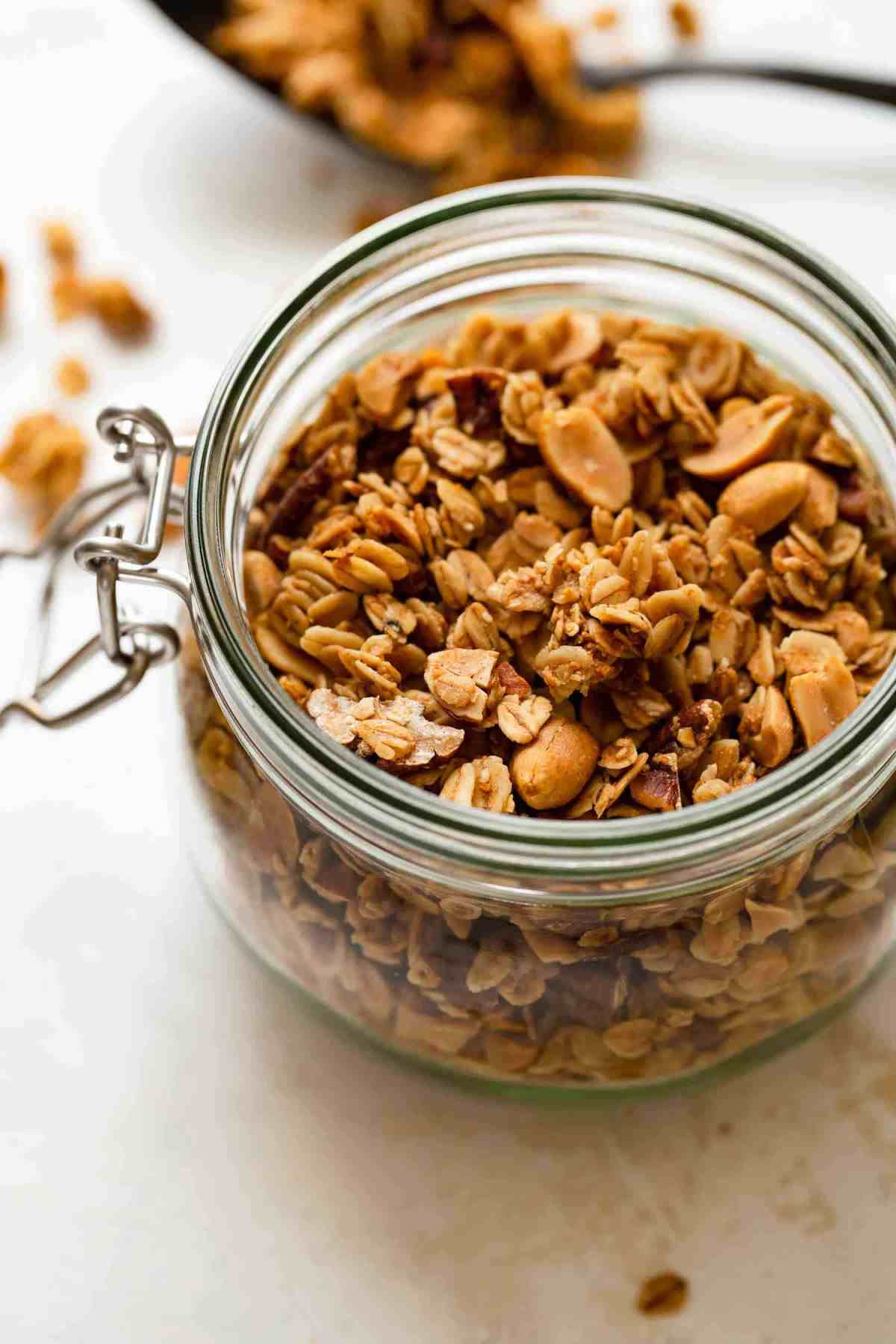 Granola in glass jar without lid