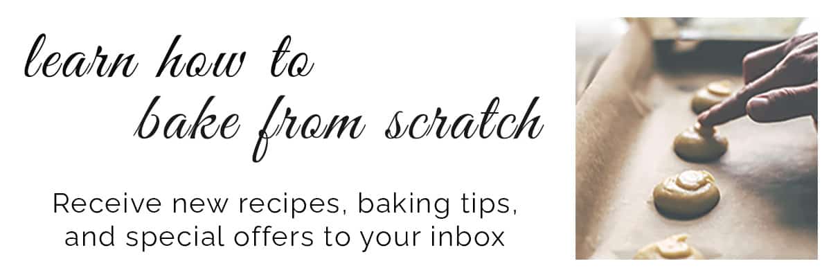 white banner with written text "learn how to bake from scratch" with photo next to it