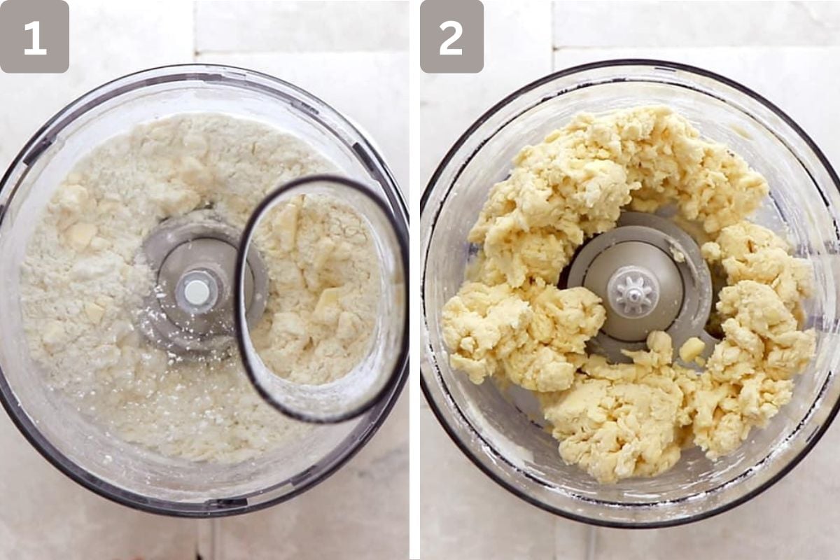flour, sugar, salt, and butter pulsed and water added 1 tablespoon at a time
