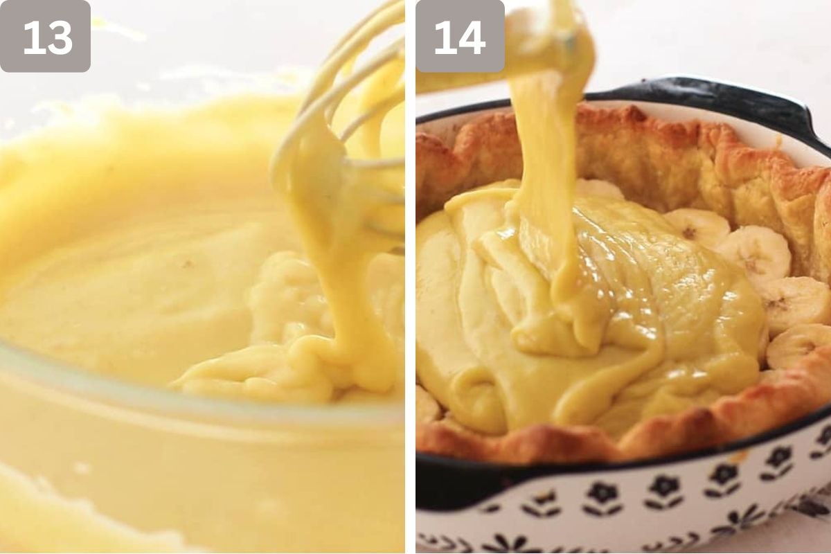 Whisk in the vanilla and butter and then add bananas and mixture to crust