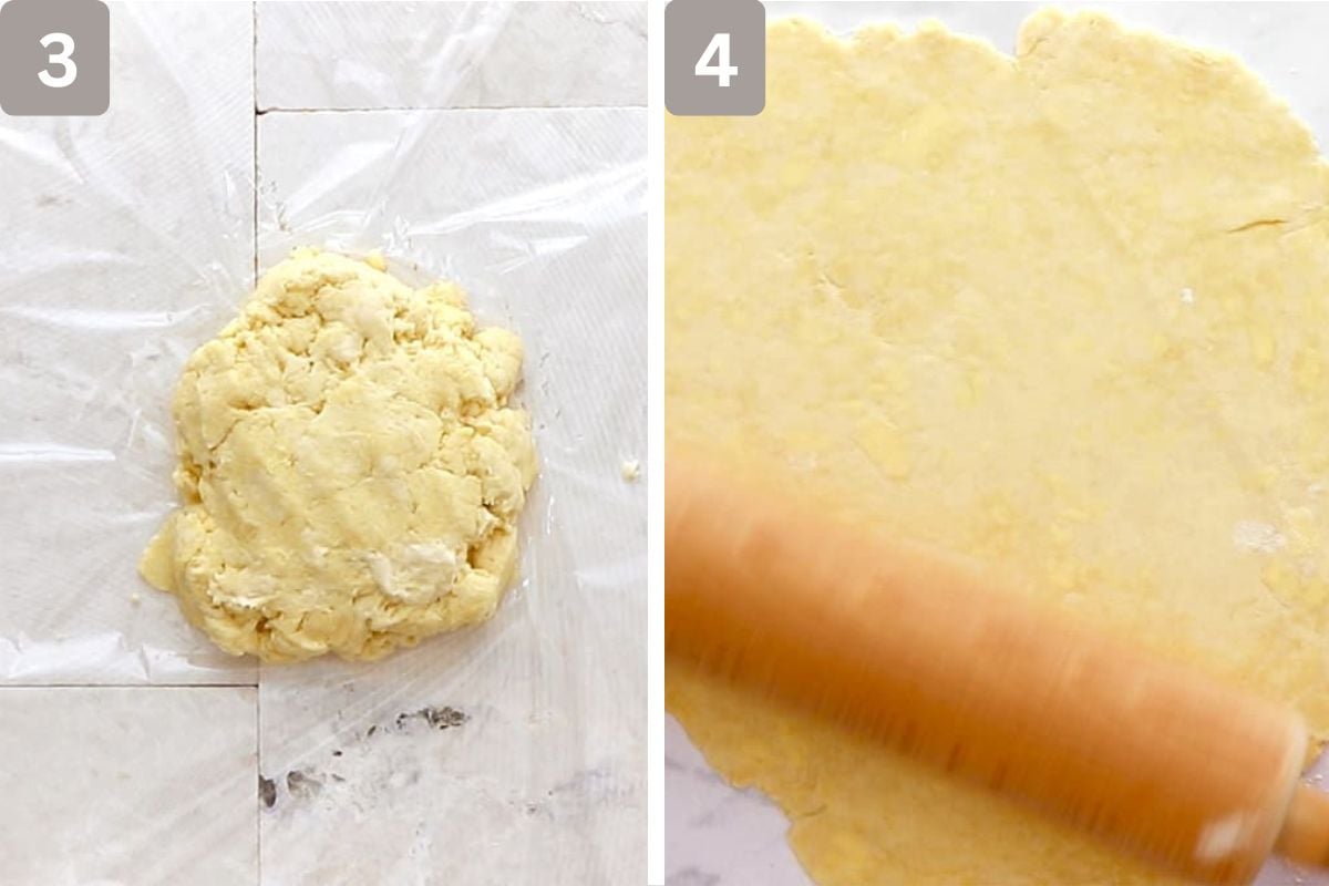 Dough transferred to plastic wrap and then rolled out