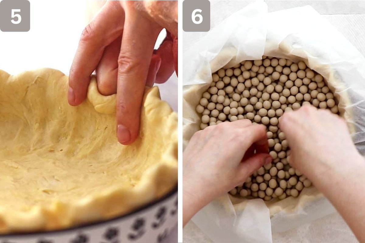 Dough pressed into pie dish and then weighed down with pie weights