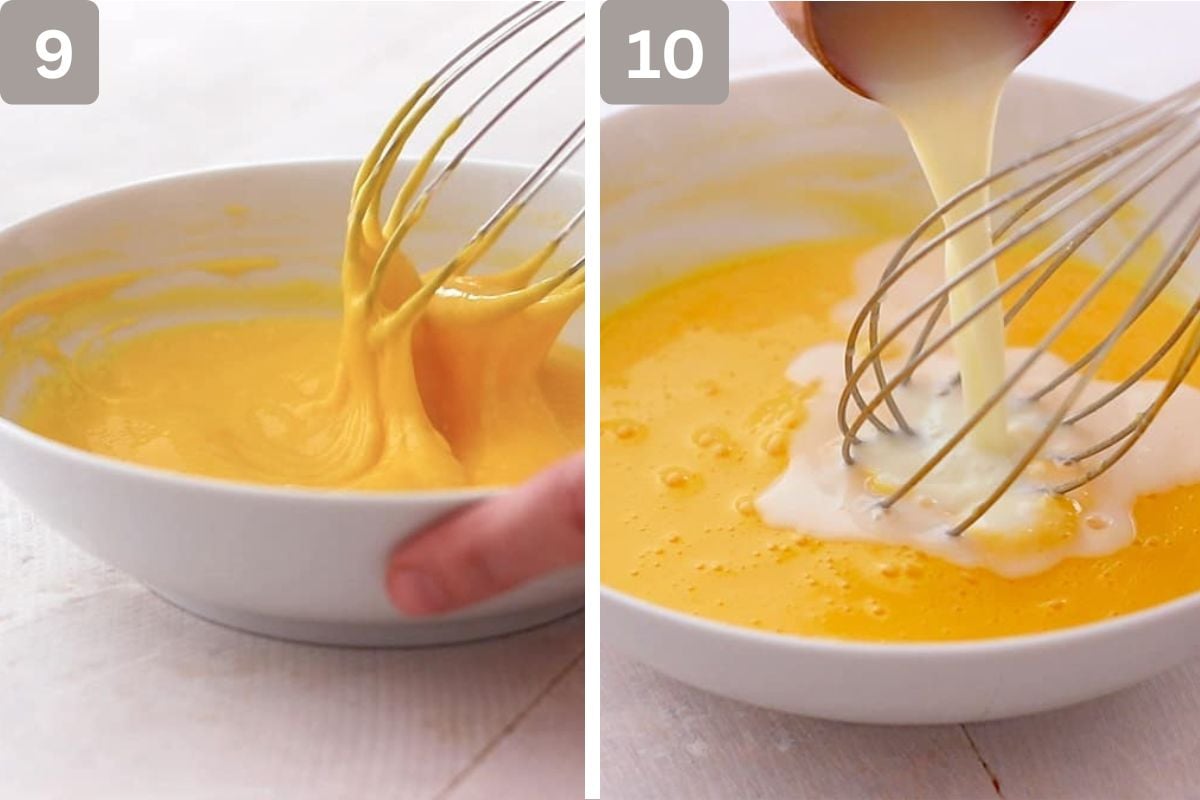 Whisk together egg yolks, and cornstarch, then add hot milk to cornstarch mixture 