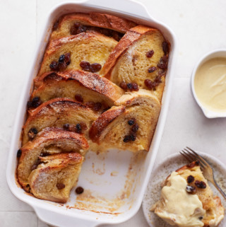 Baked bread pudding in a casserole