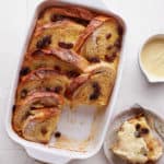 Decorative picture of baked bread pudding in a casserole from top