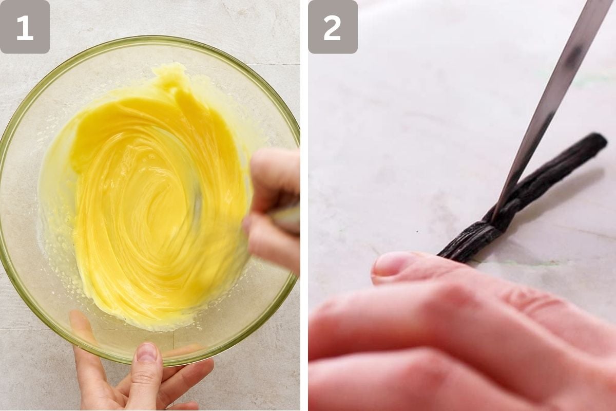 egg yolks, sugar, and cornstarch whisked together and vanilla bean prepared