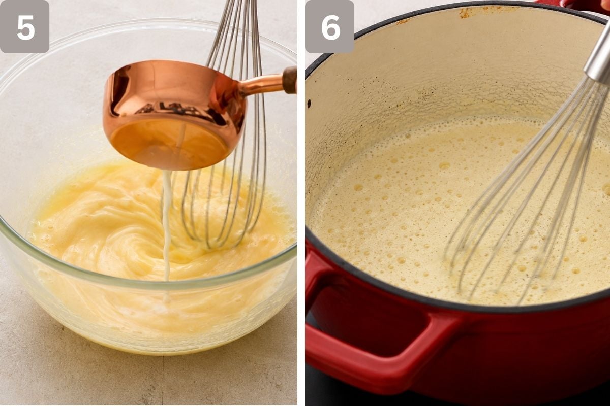 hot vanilla milk added to egg mixture and boiled