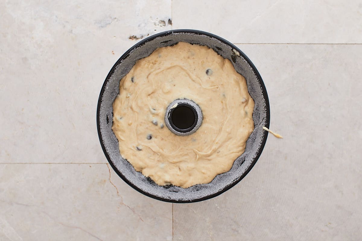 Unbaked cake batter in bundt pan