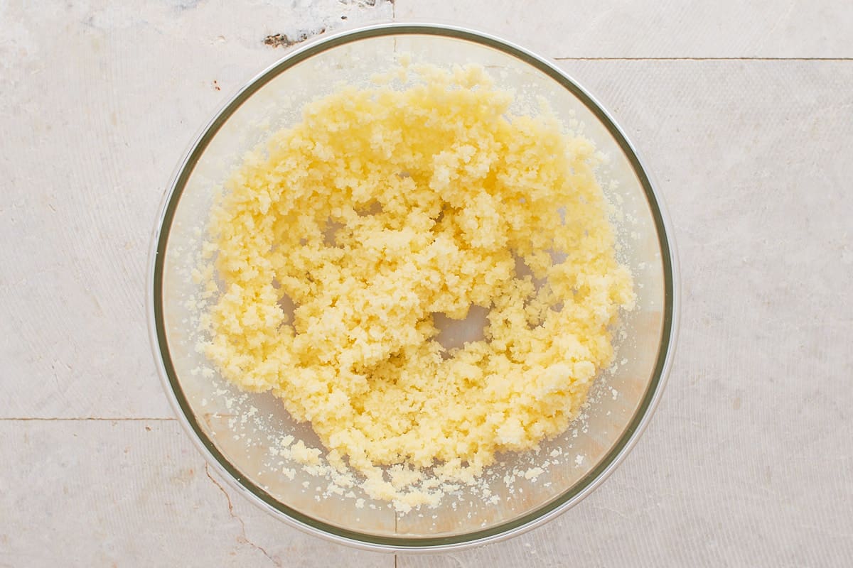 Butter and sugar mixed in a mixing bowl