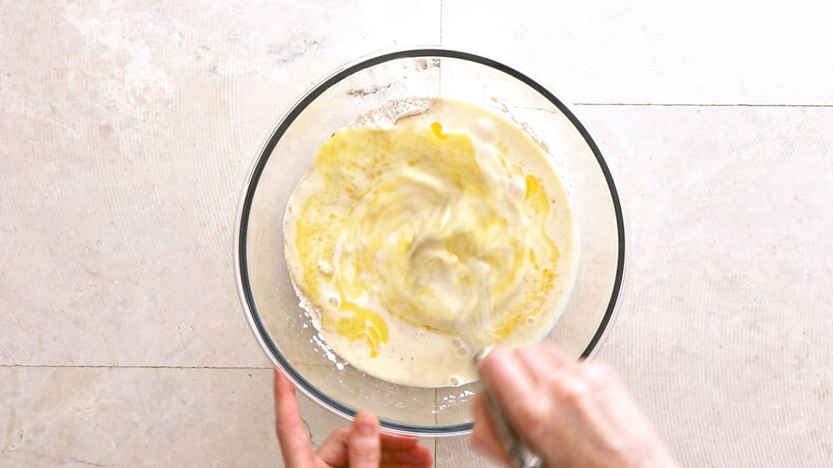 Whisking all ingredients in a mixing bowl