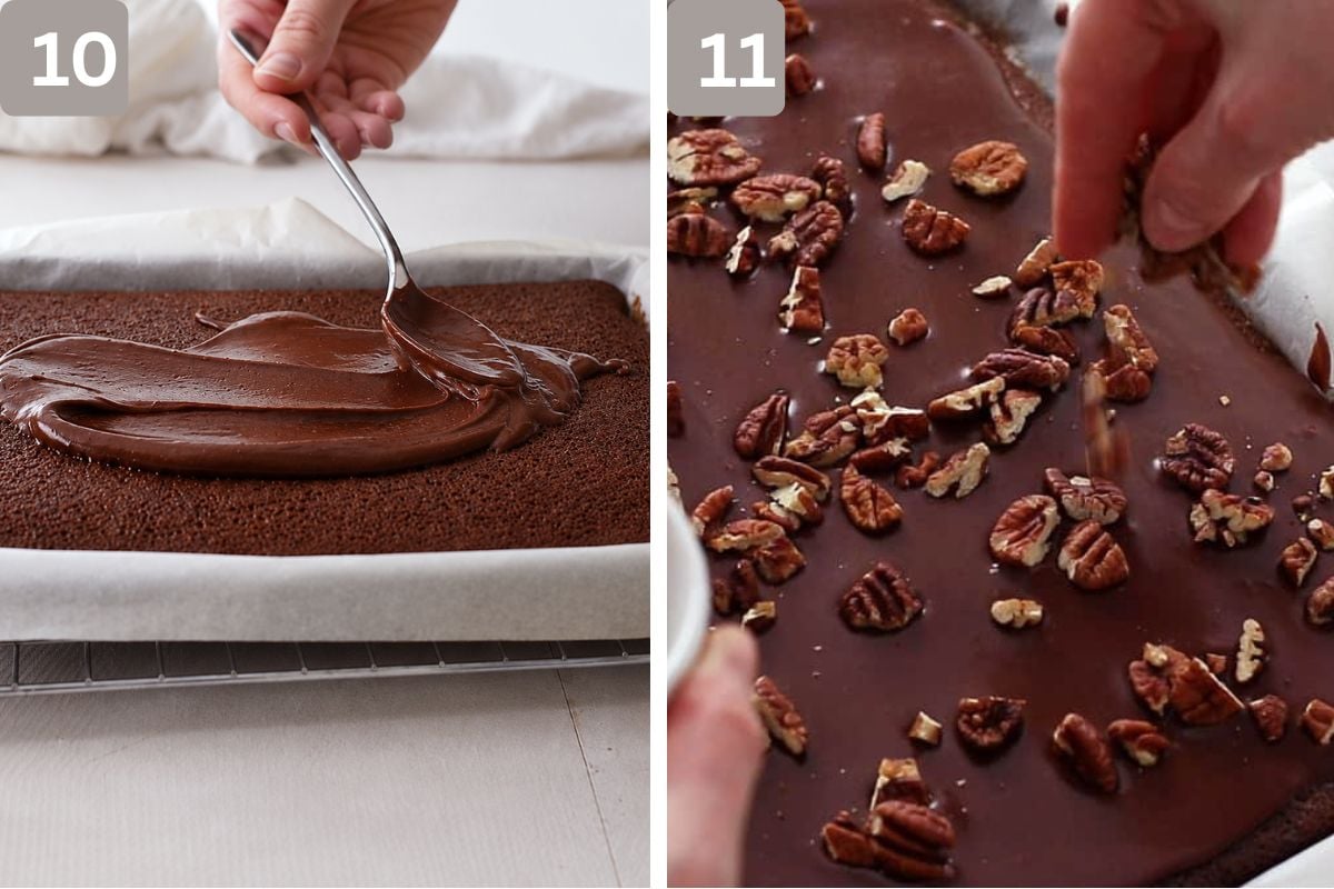 Icing poured over cake and spread and pecans added to the top