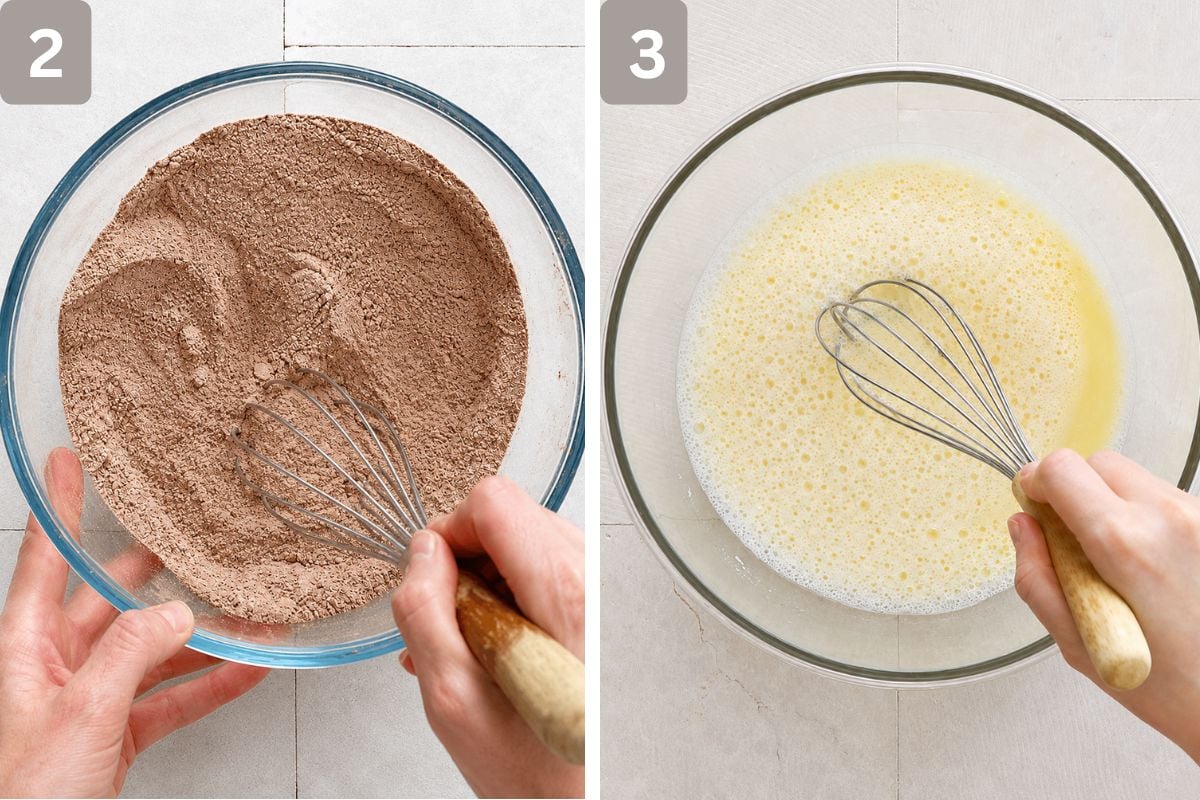 flour, sugar, cocoa powder, baking soda, and salt mixed and in a separate bowl, oil, buttermilk, eggs, and vanilla mixed