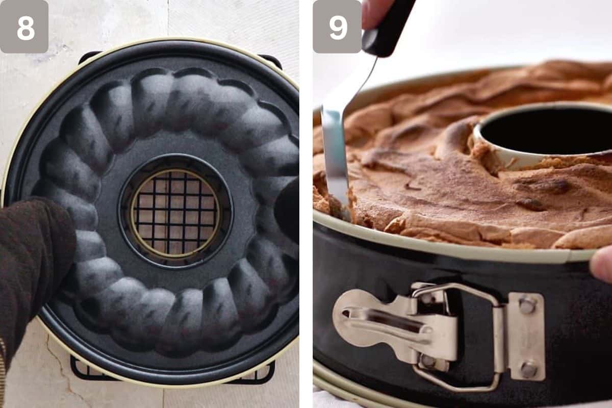 Cake upside down on rack on the left and being separated from the edges with a spatula on the right
