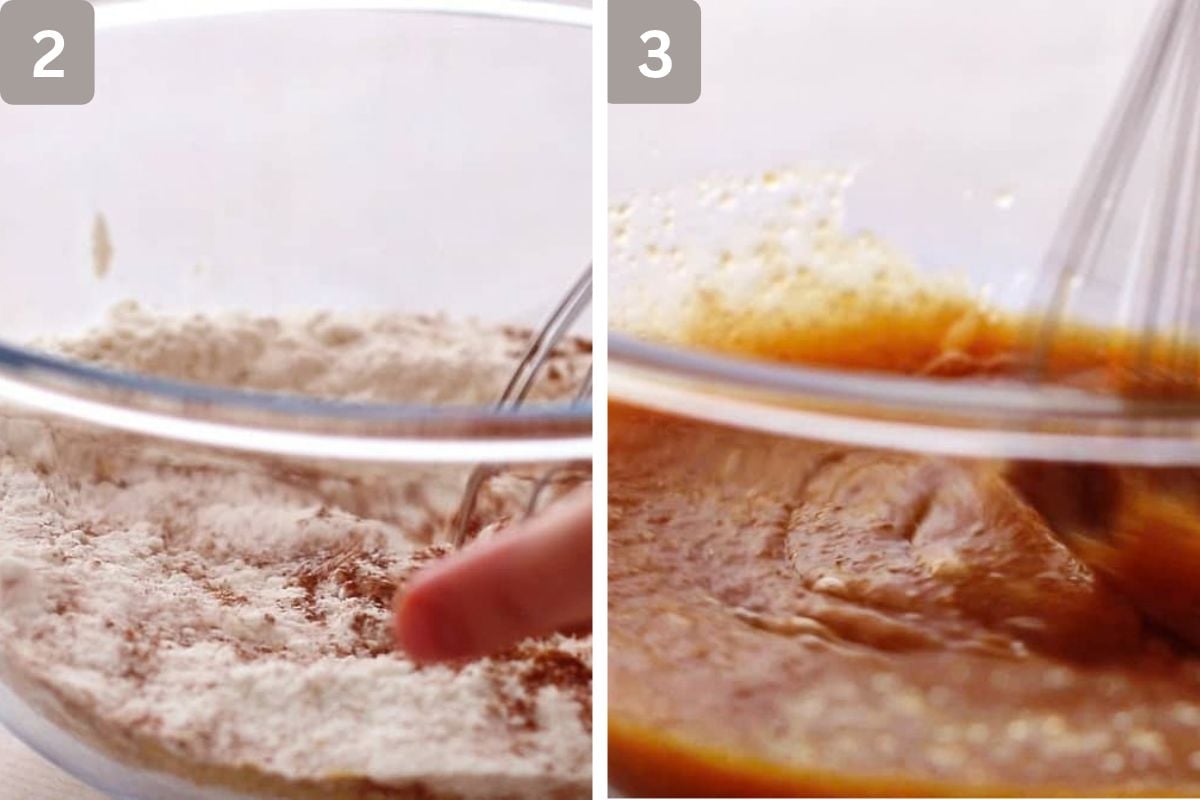 whisk the flour, baking powder, baking soda, salt, cinnamon, ginger, and nutmeg and in another bowl, whisk the eggs, oil, brown sugar, sugar, and vanilla