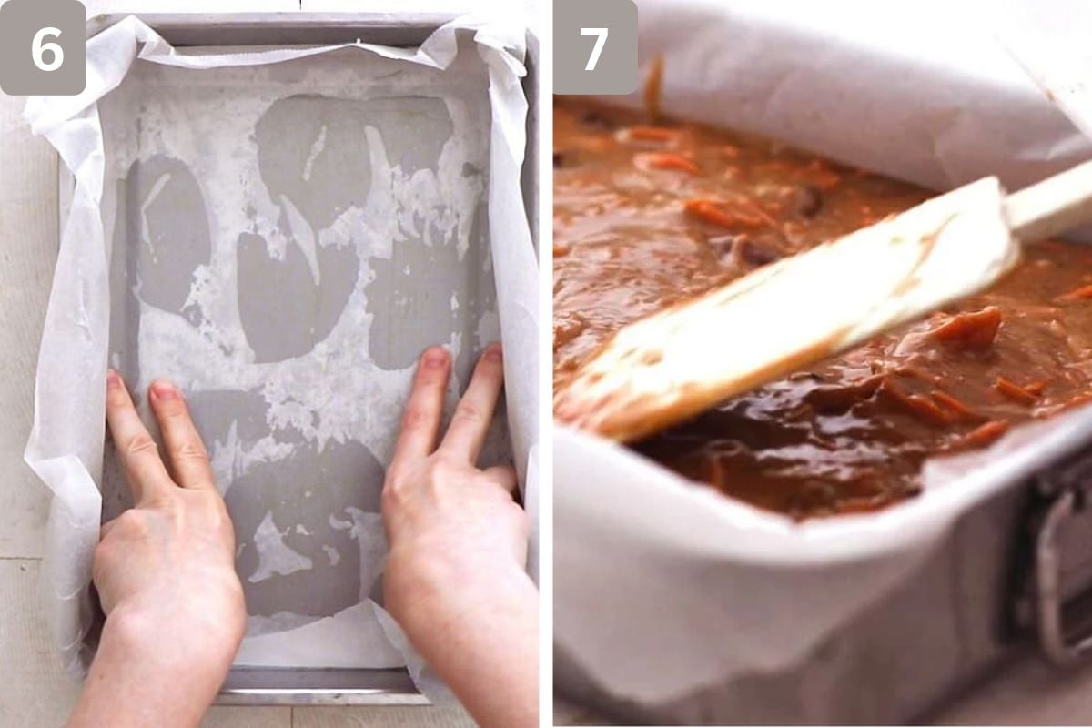 Baking pan lined and batter added to pan evenly