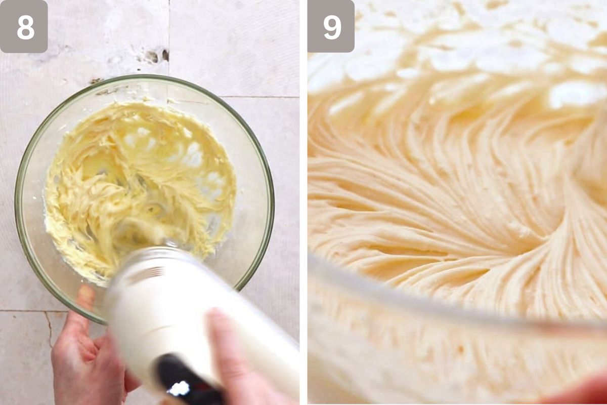 butter creamed and cream cheese, sifted powder, and vanilla added