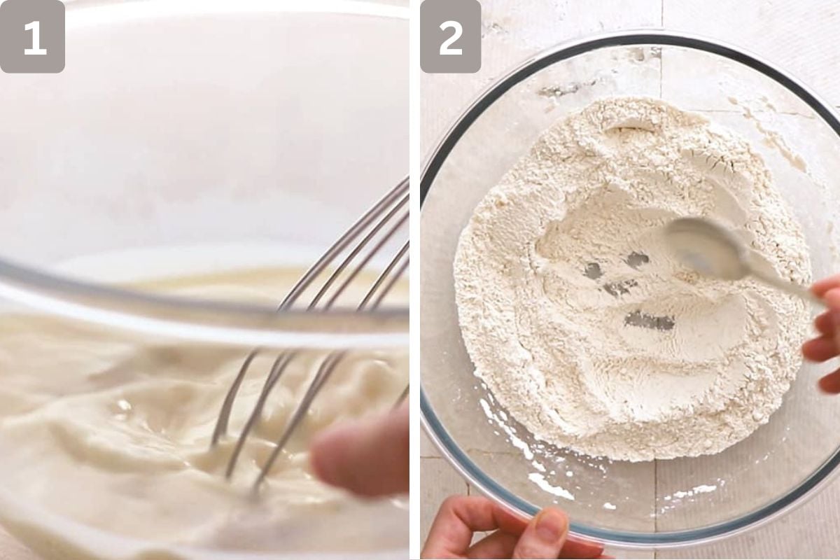 Egg, milk and vanilla mixed, and in a separate bowl, the dry ingredients are mixed together