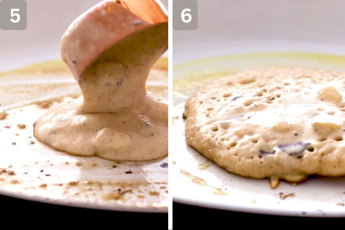 Scooping spoonfuls onto a skillet and cooked until small bubbles form