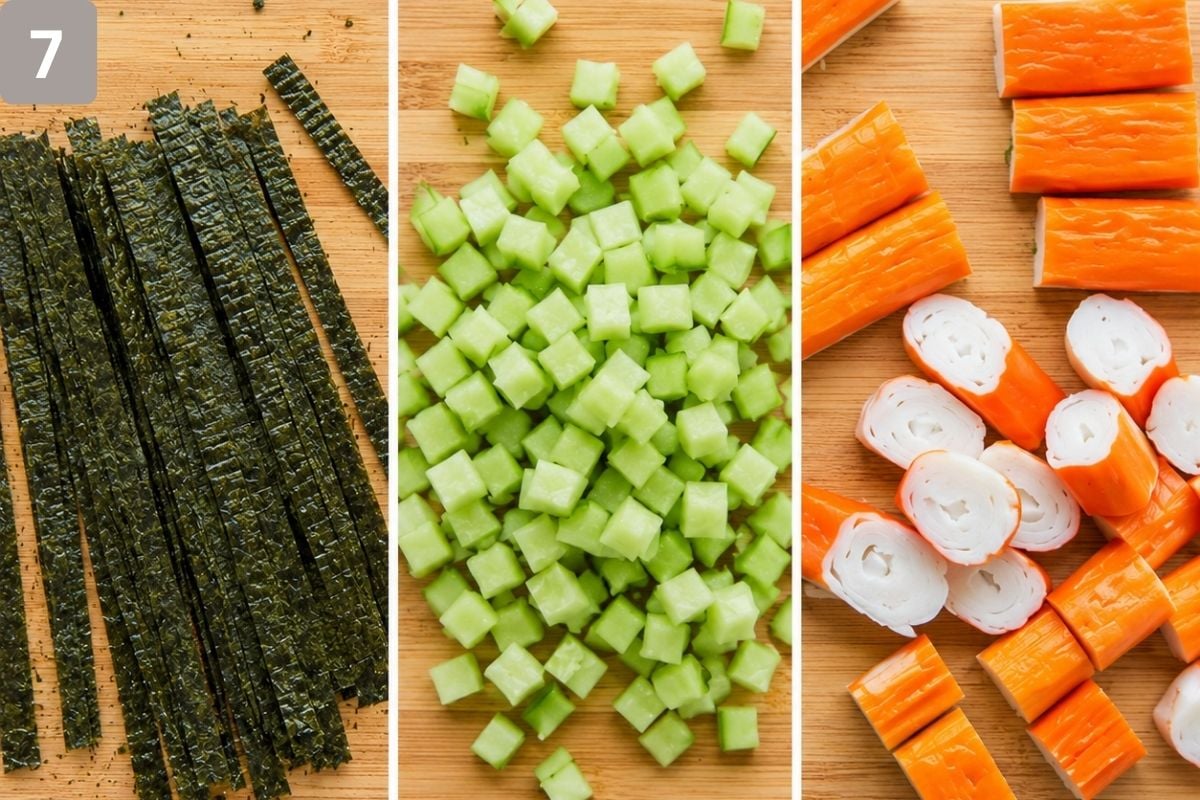 nori sheet, avocado, cucumber, and imitation crab meat cut into pieces