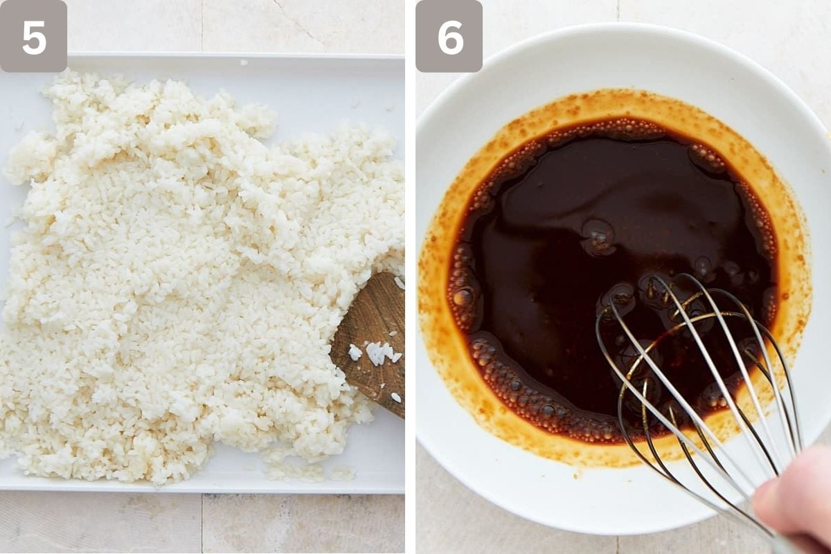 Vinegar mixture poured over rice and soy sauce and wasabi whisked in a separate bowl