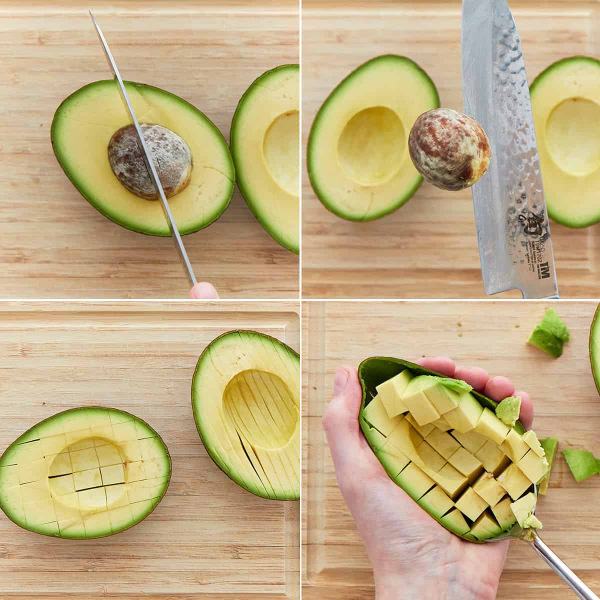 Collage of cutting an avocado in four steps