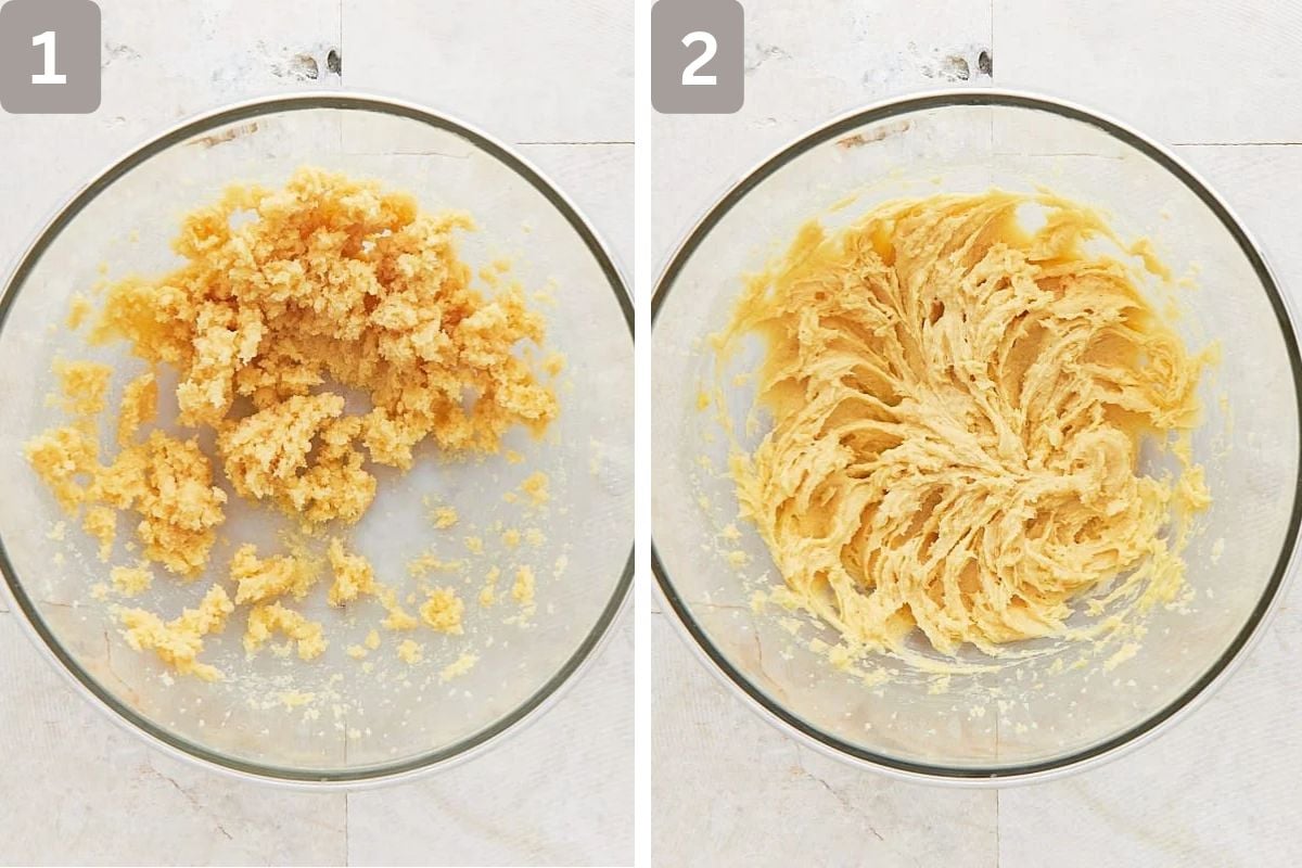 flour, cornstarch, baking soda, and salt combined and egg and vanilla added