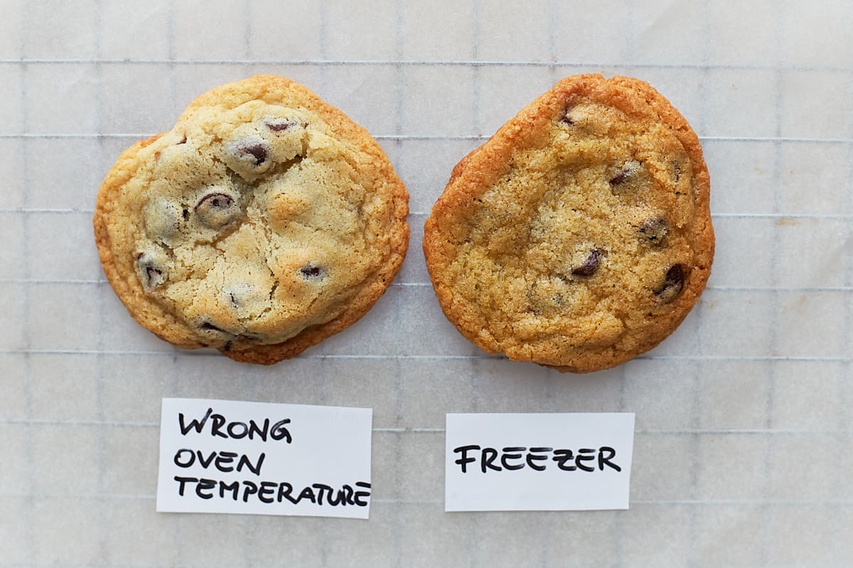 Two cookies with the labels: wrong oven temperature, freezer