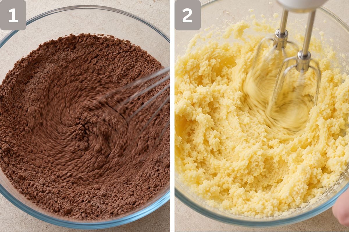 flour, cocoa powder, cornstarch, baking soda, and salt sifted and granulated sugar, and brown sugar beaten