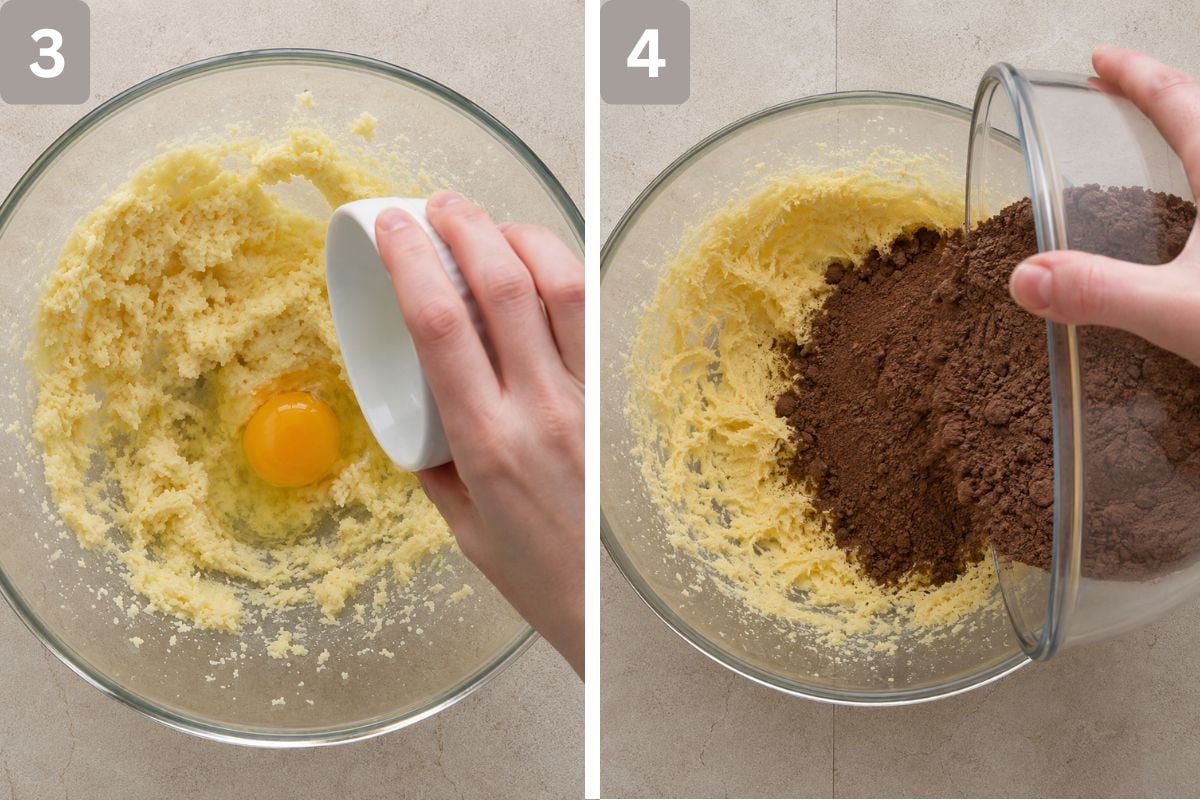 egg and vanilla added, beaten, and dry ingredients added and mixed