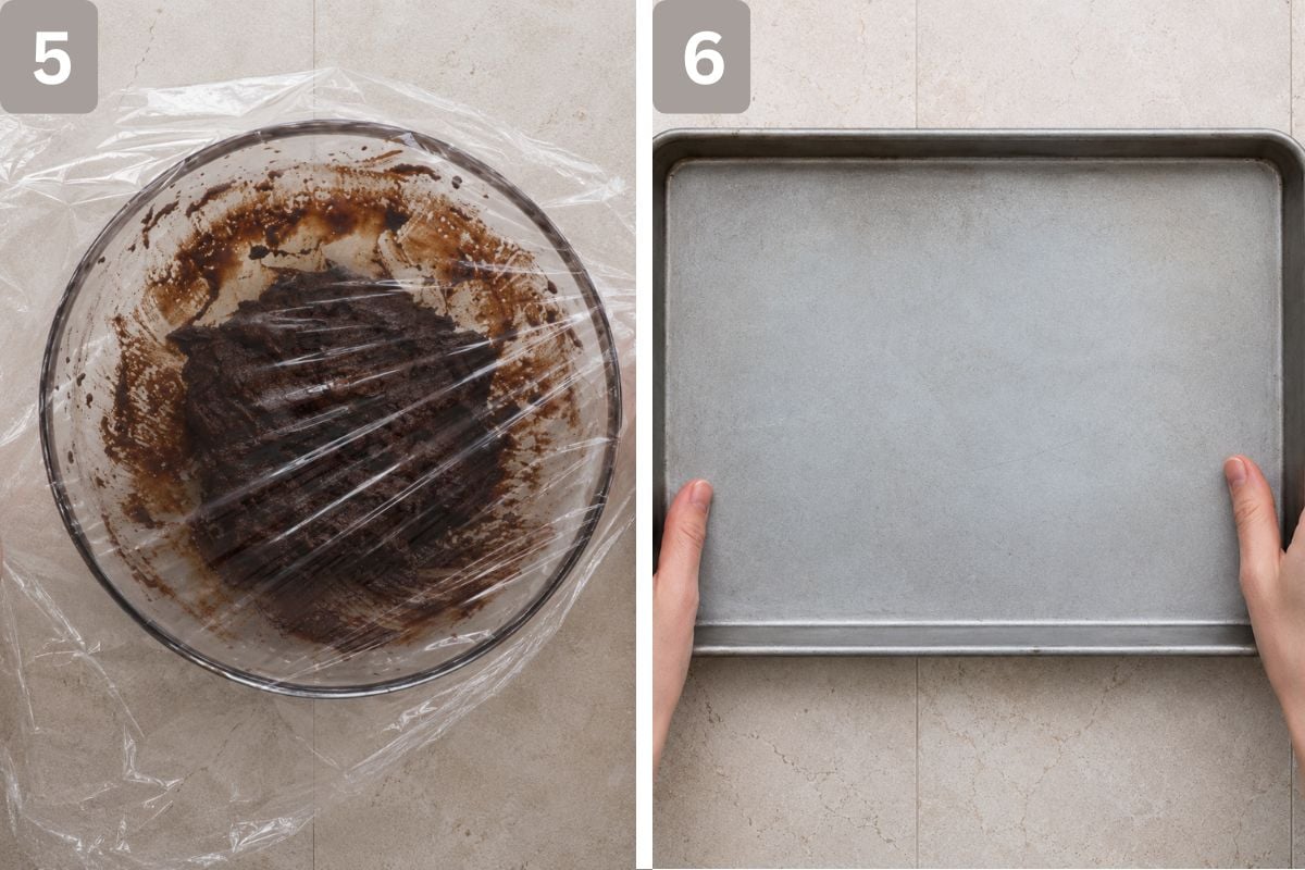 Batter covered with plastic wrap and a baking sheet lined with parchment paper