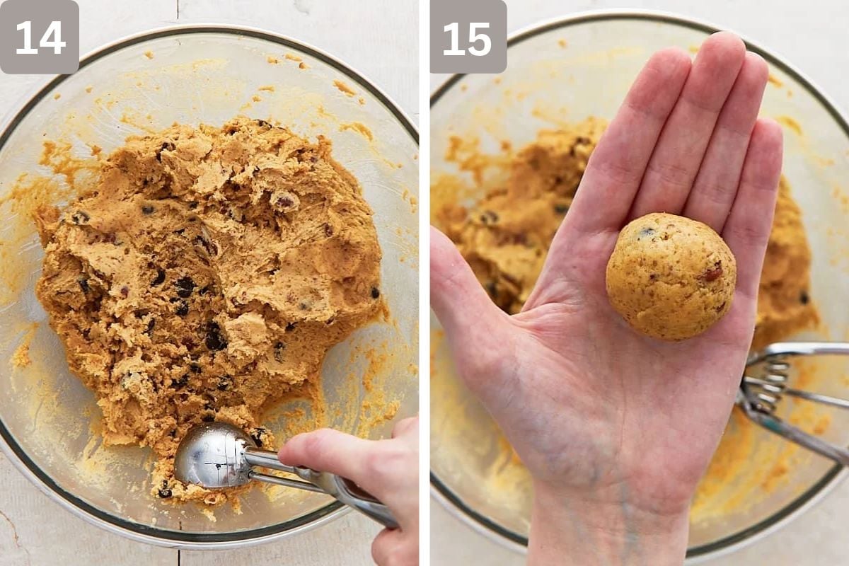 dough being scooped up and rolled into balls