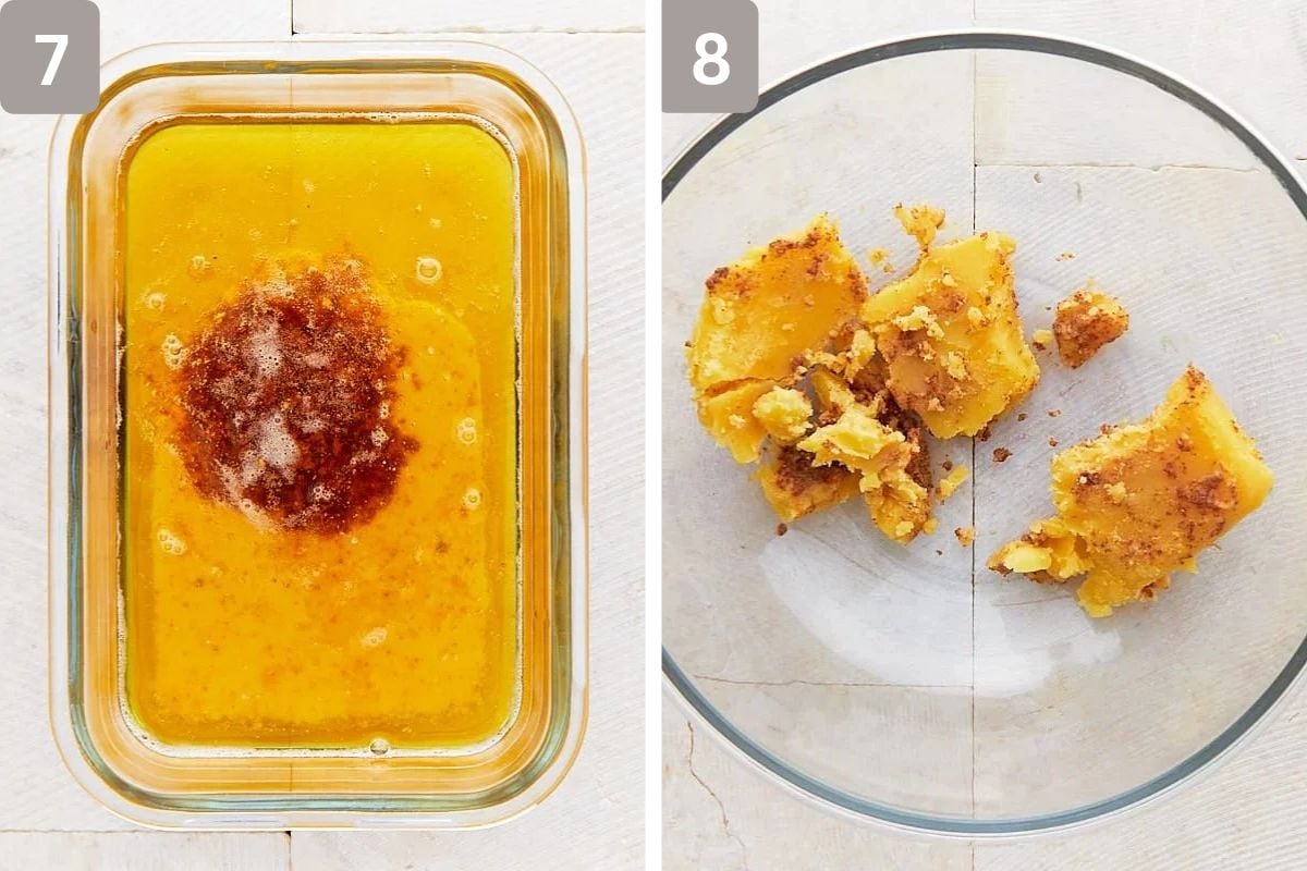 liquid butter in a glass bowl and what it looks like once chilled