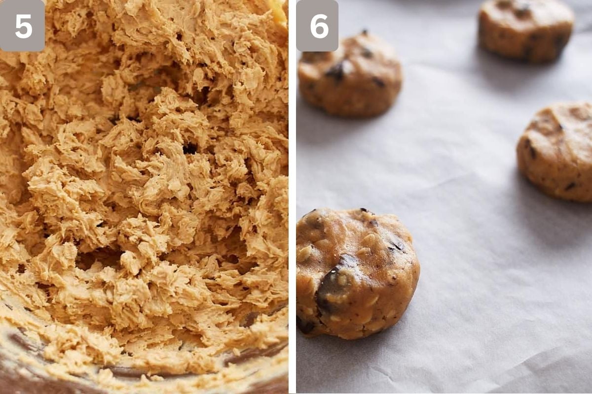 Oats added and mixed and chocolate chips added. Cookie dough rolled and shaped before baked